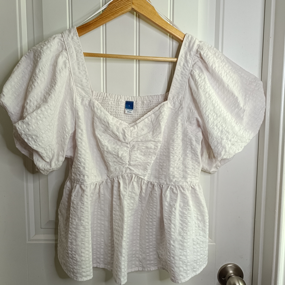 Large Old Navy Puff-Sleeve Smocked Seersucker Babydoll Swing Blouse Peasant Cott